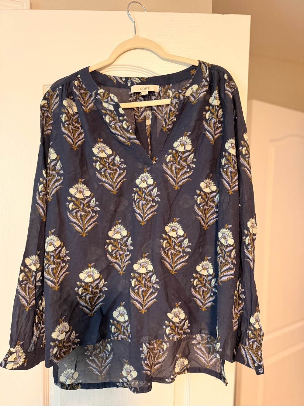 LOFT Navy Floral Print V-Neck Long Sleeve Blouse